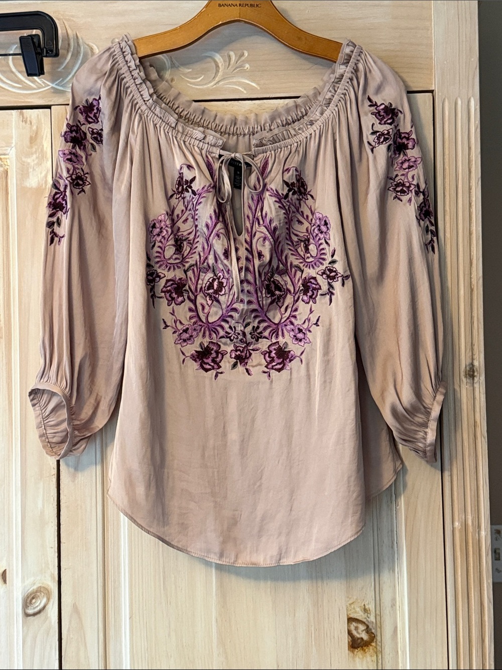 White House Black Market Blush Pink Peasant Blouse with Purple Floral Embroidery